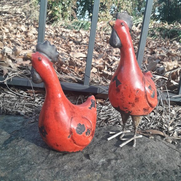 Chickens Rooster Bird Figurines Set of 2 Glazed Pottery Clay Crackled Vintage - Picture 9 of 17